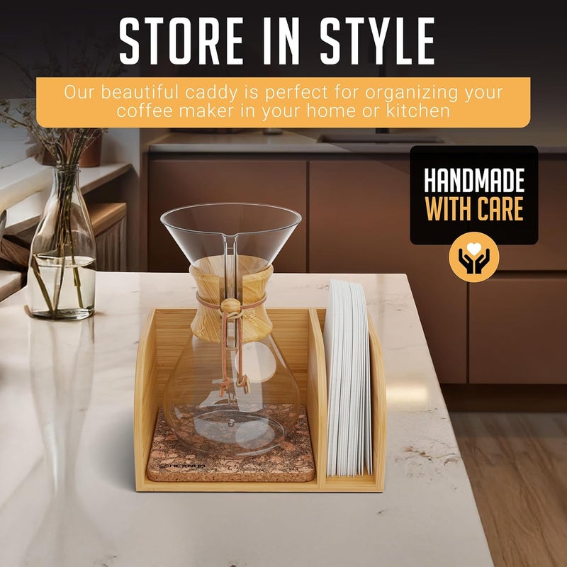 HEXNUB – Caddy for Pour Over Coffee Maker, Bamboo Stand fits Chemex, Bodum, Cosori Coffee Carafes, Heatproof Mat, Filter Holder for Drip Coffee Maker - Cork Mat - Image 4
